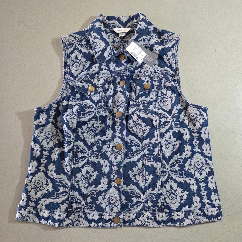 CJ Banks Blue White Damask Floral Denim Vest Size 14W NWT